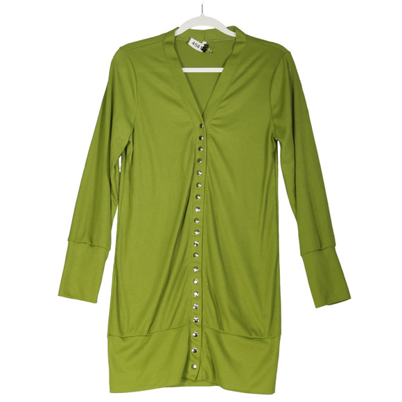 Ribbed Cardigan Sweater Womens Large Green Snap Close Tunic Long Stretch - Picture 1 of 7